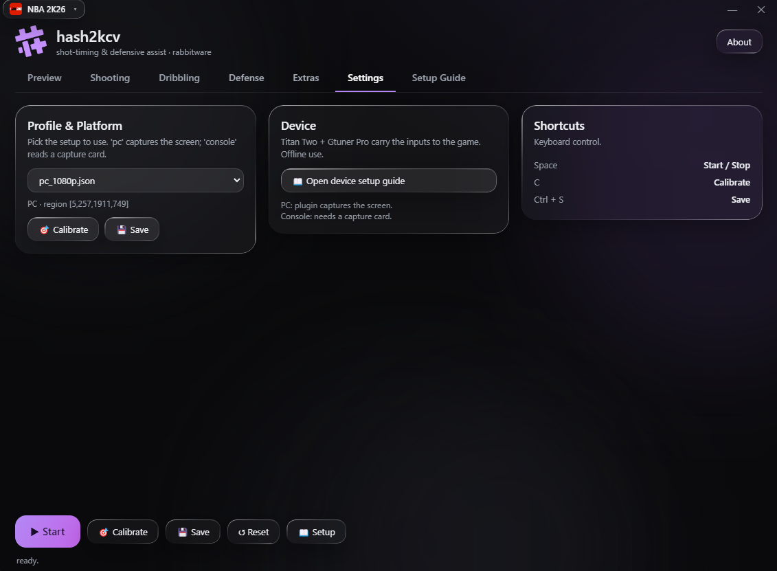 Settings page